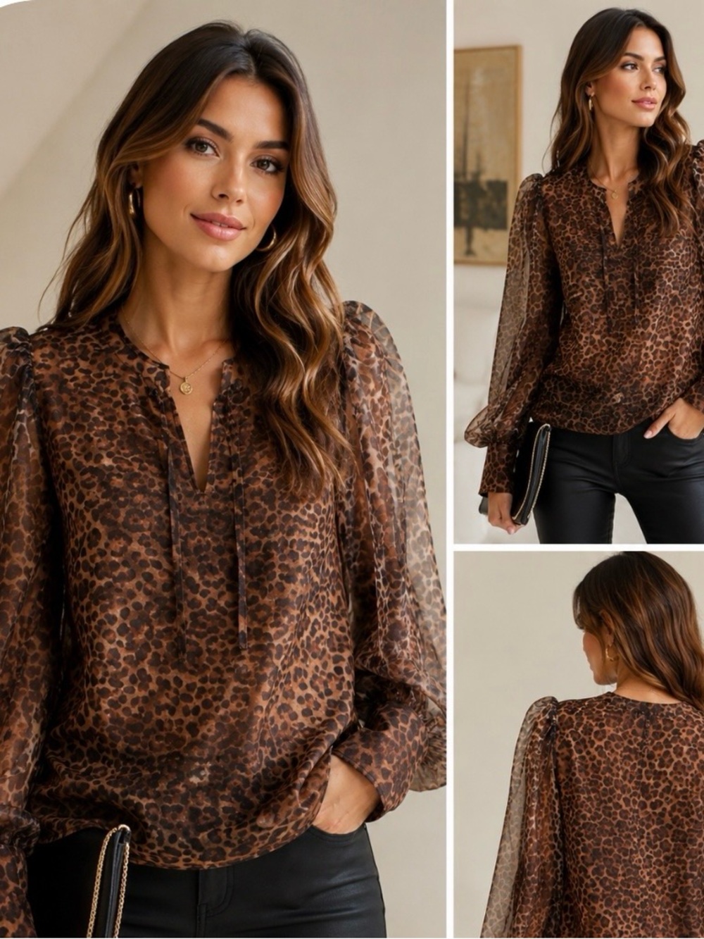 Rachel Zoe Brown Leopard-Print Sheer Long-Sleeve Blouse